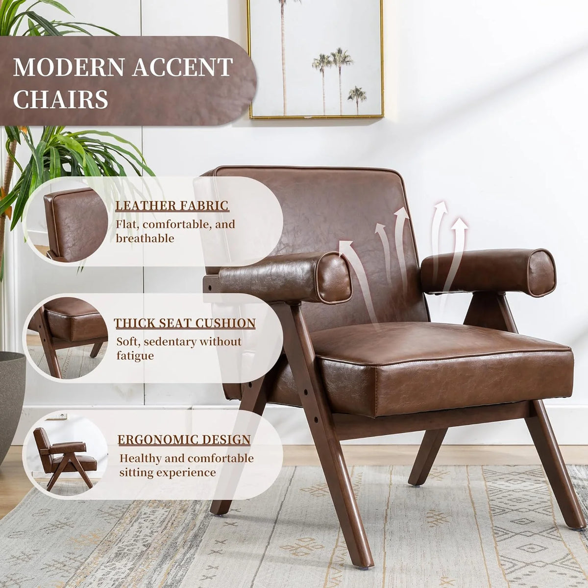 Brown PU Leather Accent Chair with Wood Armrest and Feet V6189