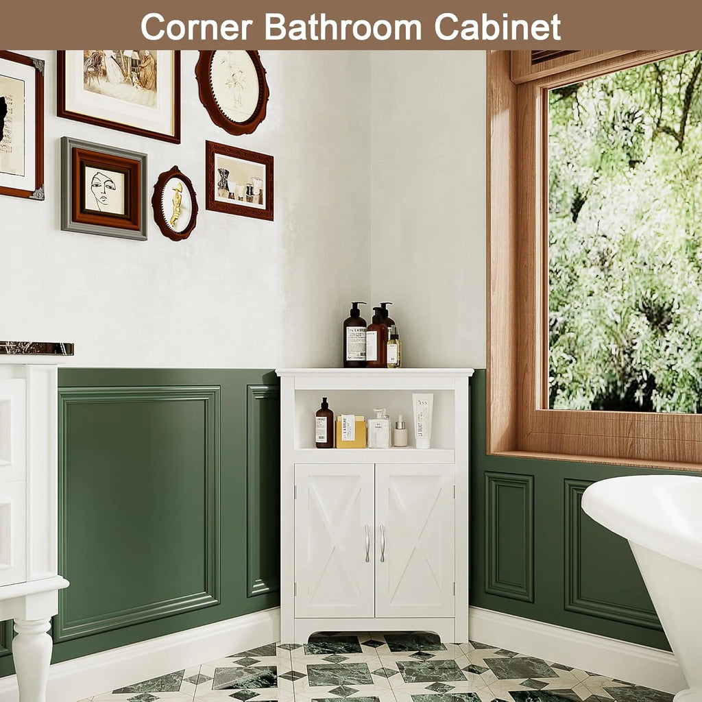 White Corner Storage Cabinet with Adjustable Shelf F60829