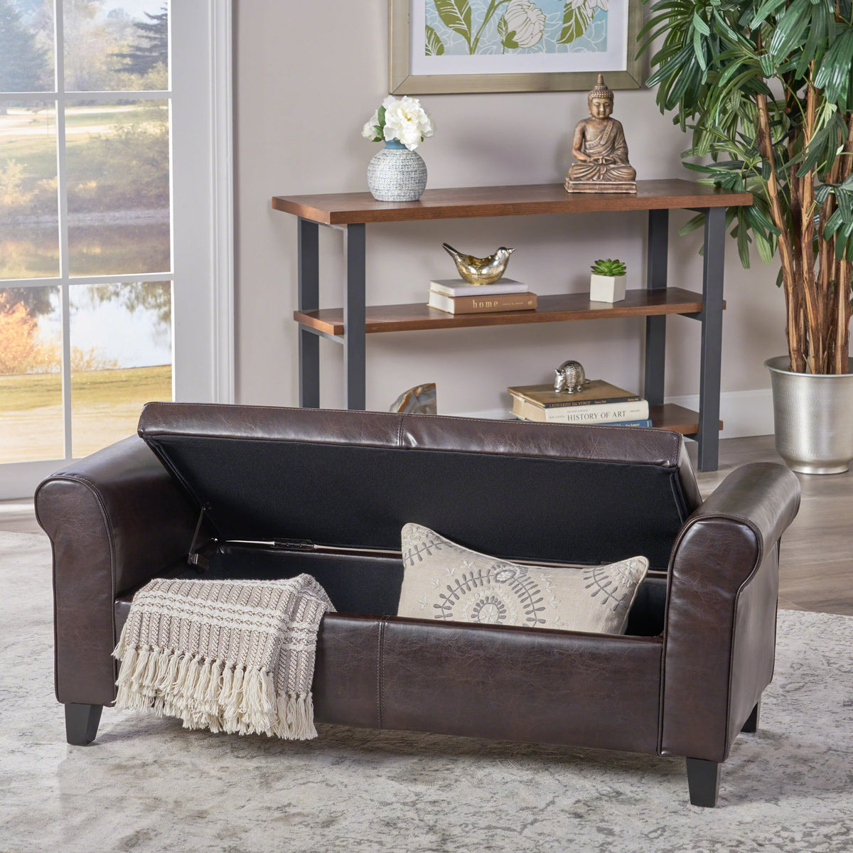Brown Upholstered Storage Ottoman Bench S7604