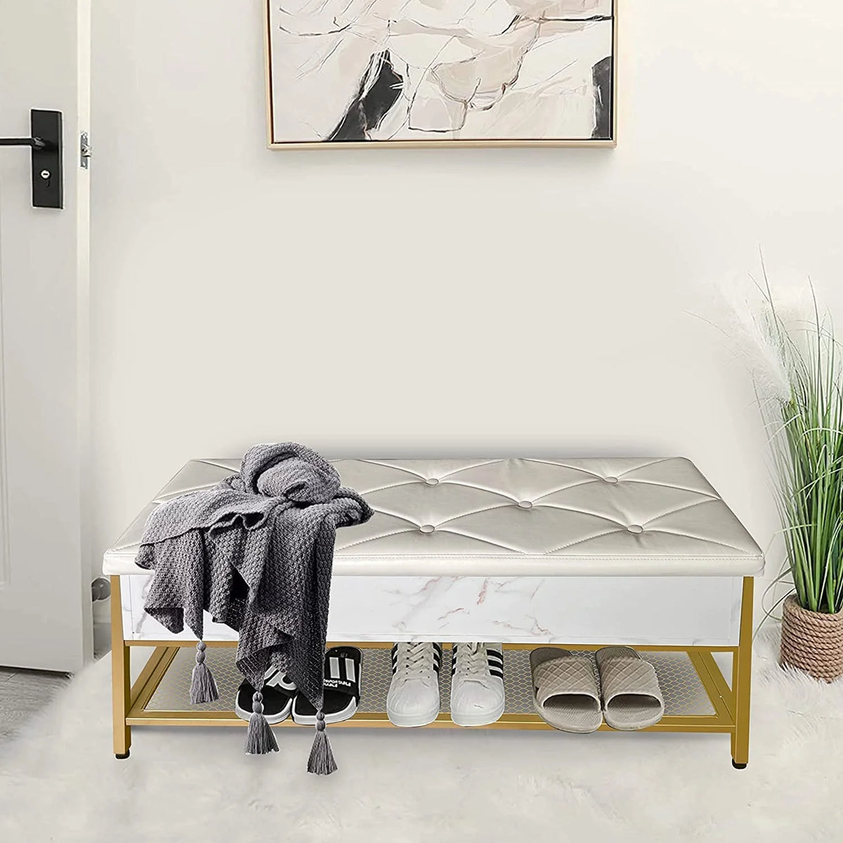 Shoe Storage Bench with Padded Seat and Metal Frame I1158